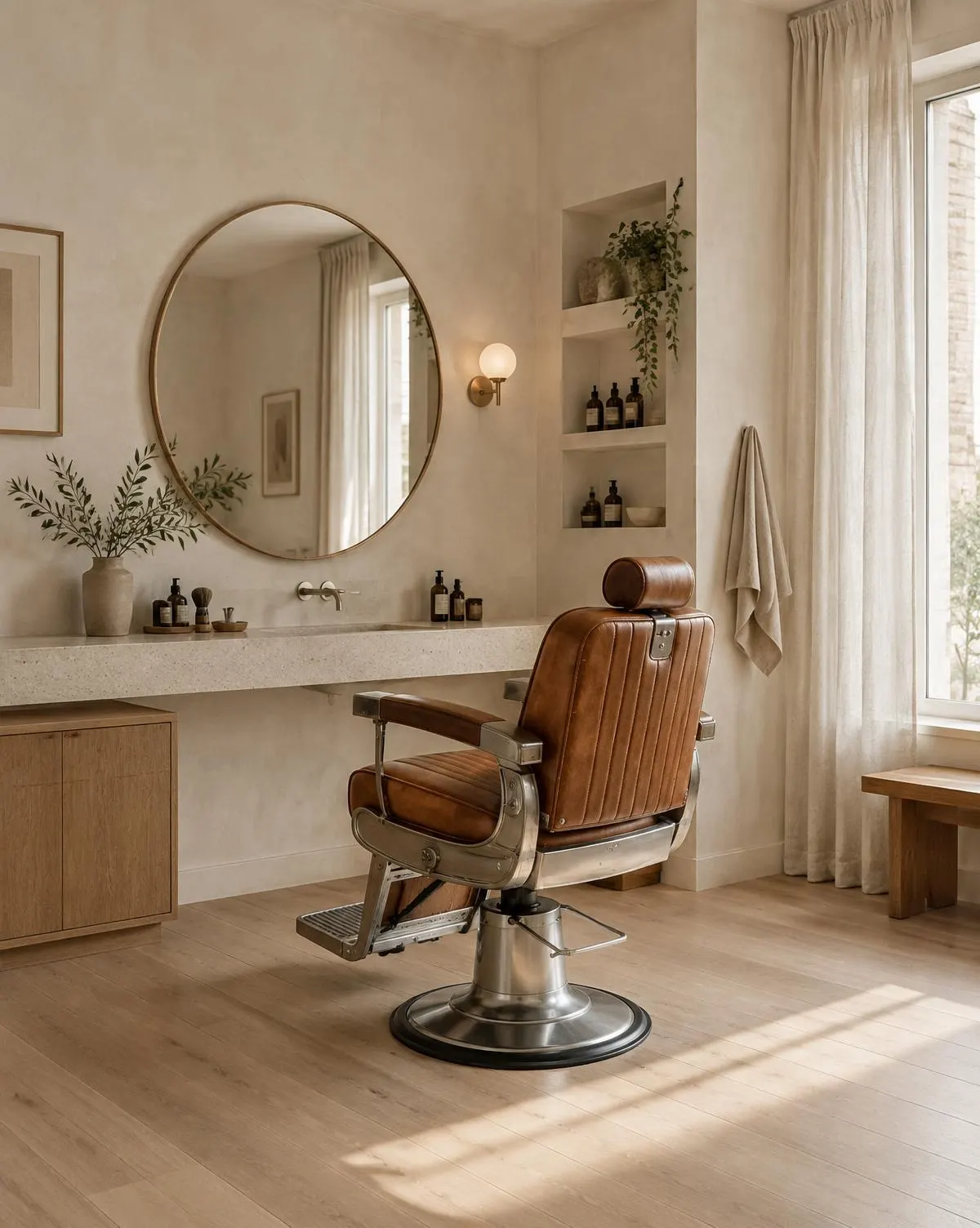 Salongens interiör med frisörstol och rund spegel